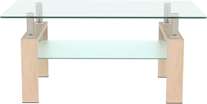 Glass Coffee Table Rectangle Living Room Center Table, 39inch Transparent Tempered Glass Tabletop and Beige Wood Grain Metal Legs, Beige + Clear Glass-HomvellaHome