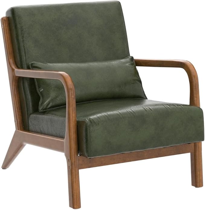 Glitzhome 2 Set Mid Century Hunter Green Accent Armchair, Single Reading Armchair PU Leather Lounge Chair with Walnut Ruberwood Frame-HomvellaHome