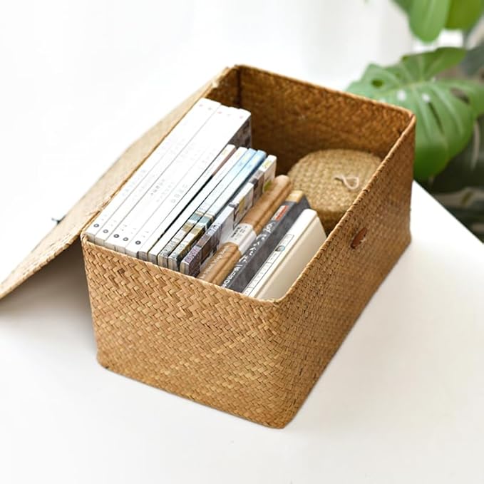 Wicker Basket with Lid, Seagrass Storage Basket, Woven Baskets for Storage, Decorative Storage Baskets for Shelf Organizing, Natural-HomvellaHome