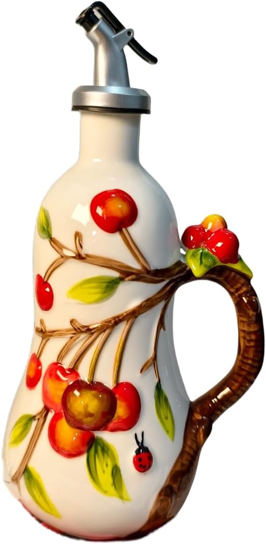 18 Oz Hand Painted Relief Ceramic Olive Oil Bottle Dispenser for Kitchen, Oil and Vinegar Bottle, Seasoning Bottle with Stainless Steel Nozzle, 540mL Oil Container with Handle for Cooking, Light Proof-HomvellaHome