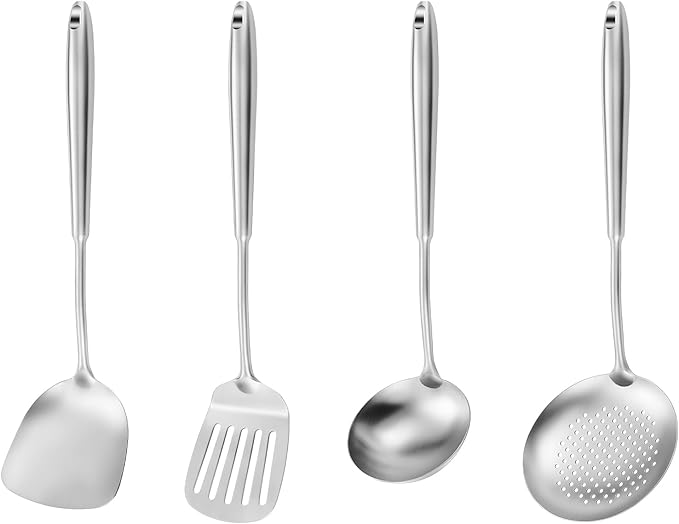 15" Wok Spatula and Ladle,Skimmer Spoon, Slotted Turner Spatula,304 Stainlss Steel Matte Kitchen Utensils Set,4PCS Wok Accessories,Cooking Utensils Tools-HomvellaHome