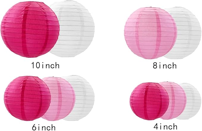 Paper Lanterns Decorations,Paper Hanging Decorations Ball Lanterns Lamps for Girl Birthday Parties, Bridal Showers, Baby Showers, Wedding（10 Pcs,4 in/6 in/8 in/10 in,Pink/White）