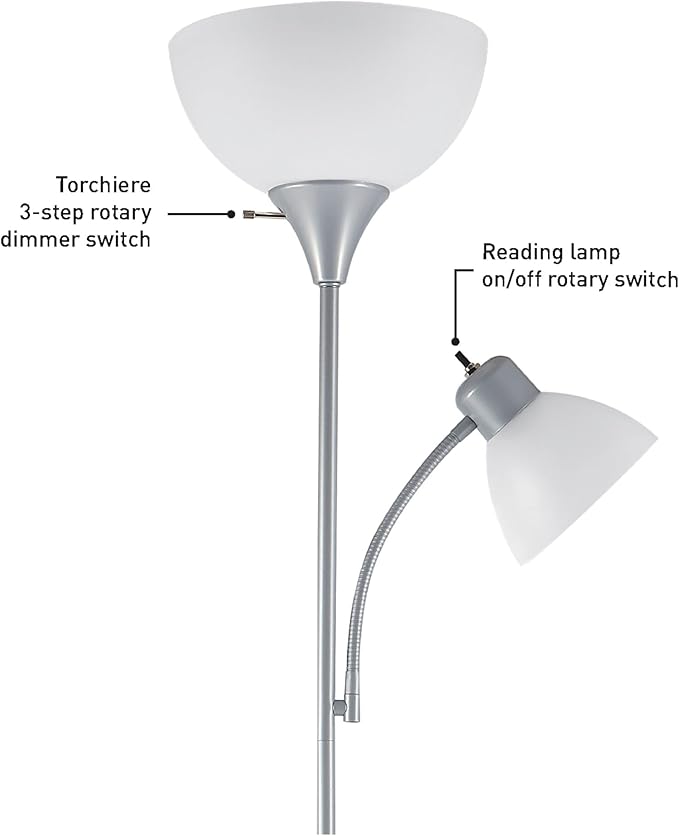 GLOBE Electric 67134 72" Torchiere Floor Lamp and Adjustable Reading Light, Silver, Frosted Shade, Dual Rotary Switch, 3-Step Dimming, Modern Lighting for Living Room or Office, Timeless-HomvellaHome