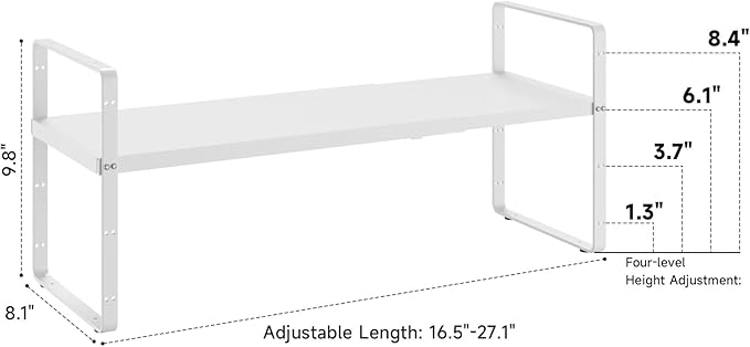 16.5~27.1" Expandable Shelf Organizer, 1Pack 8.1" Wide Stackable Cabinet Shelf Organizers, White Metal Sturdy Kitchen Counter Storage for Countertop, Adjustable Height Spice Rack-HomvellaHome