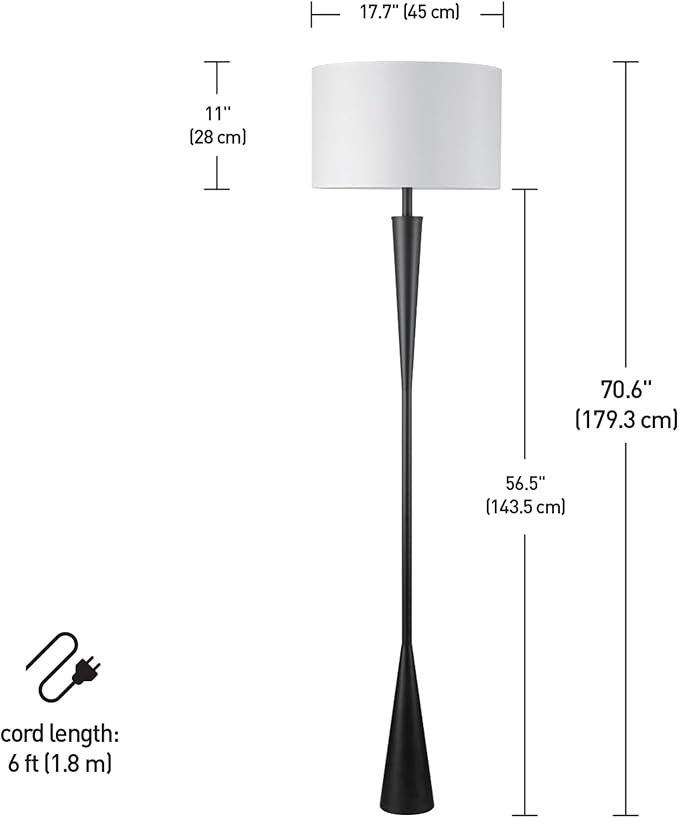 Globe Electric 67224 70" Floor Lamp, Matte Black Finish, White Fabric Shade, Modern Tapered Frame, E26 Base, Contemporary Living Room and Bedroom Lighting-HomvellaHome