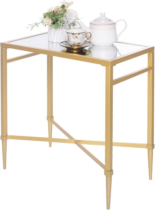 Gold End Table, Rectangle Side Table with Mirrored Top, Modern Metal End Table, Small Narrow Side Table for Living Room, Balcony, 22" L x 12.4" W x 24" D-HomvellaHome