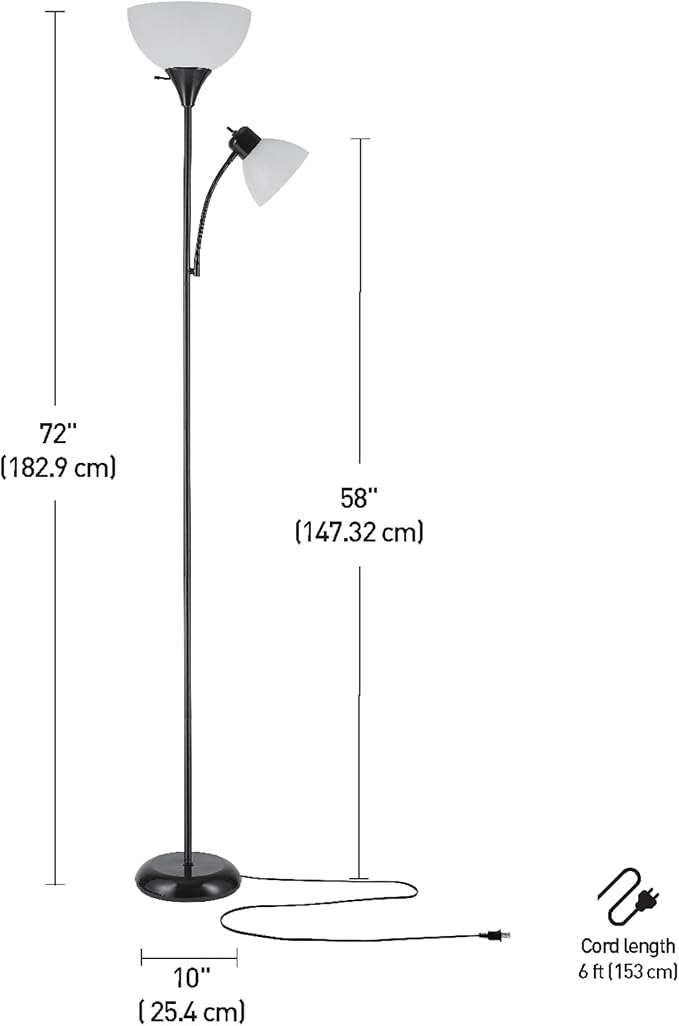 GLOBE Electric 67135 72" Torchiere Floor Lamp and Adjustable Reading Light, Matte Black, Frosted Shade, Dual Rotary Switch, 3-Step Dimming, Modern Lighting for Living Room or Office-HomvellaHome