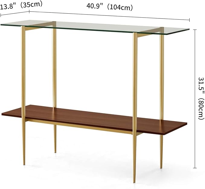 Glass Console Table for Living Room, Foyer & Entrance, 2-Tiers Mid-Century Modern Sofa Table with Clear Glass Top, Walnut Finish Wood Top and Gold Finish Metal Frame-HomvellaHome