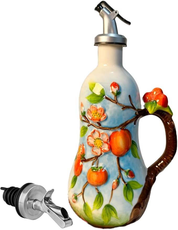 18.26oz/540ml Ceramics Olive Oil Dispenser Bottle,Hand Painted Reliefs Oil Dispenser for Kitchen,Oil Bottles for Kitchen (Persimmon)-HomvellaHome
