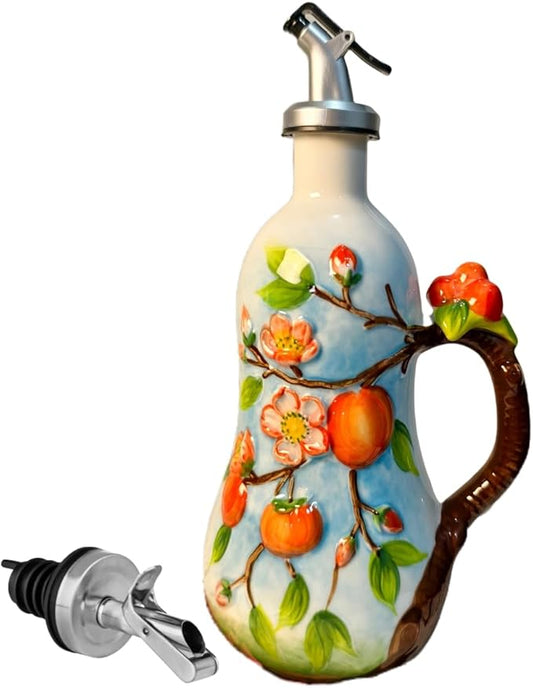 18.26oz/540ml Ceramics Olive Oil Dispenser Bottle,Hand Painted Reliefs Oil Dispenser for Kitchen,Oil Bottles for Kitchen (Persimmon)-HomvellaHome