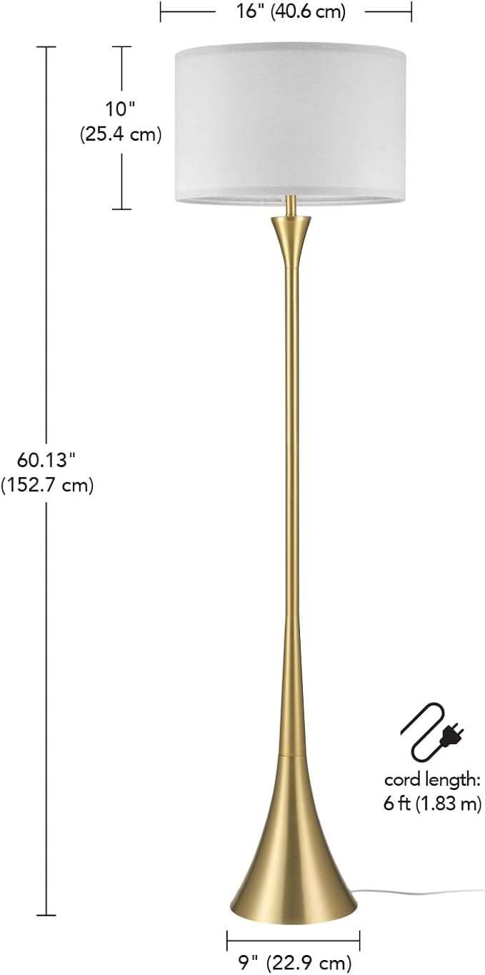 GLOBE Electric 61000150 60" Floor Lamp, Antique Brass Finish, Beige Fabric Shade, Mid-Century Modern Standing Lamp, E26 Base, Sustainable Design for Living Rooms and Bedrooms-HomvellaHome