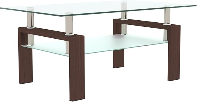 Glass Coffee Table for Living Room, Mordern Sofa Center Tables with Storage, Brown Metal Leg, Rectangle Tempered Glass Center Table Home Furniture-HomvellaHome