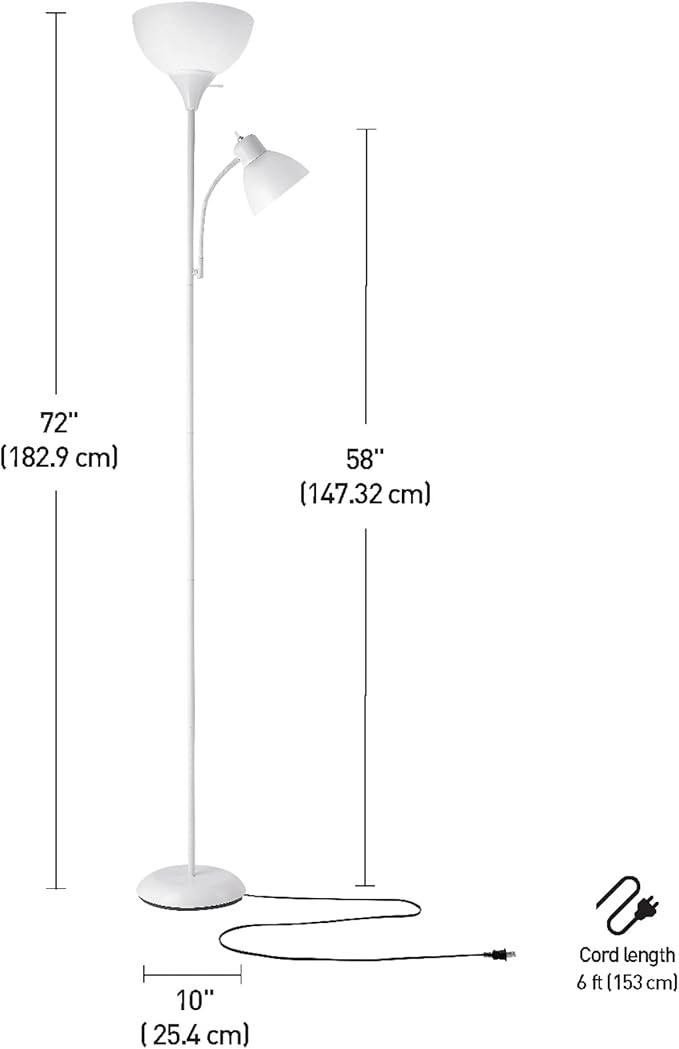 GLOBE Electric 67136 72" Torchiere Floor Lamp with Adjustable Reading Light, Matte White Finish, Frosted Shades, Rotary Switch on Socket, E26 Base-HomvellaHome