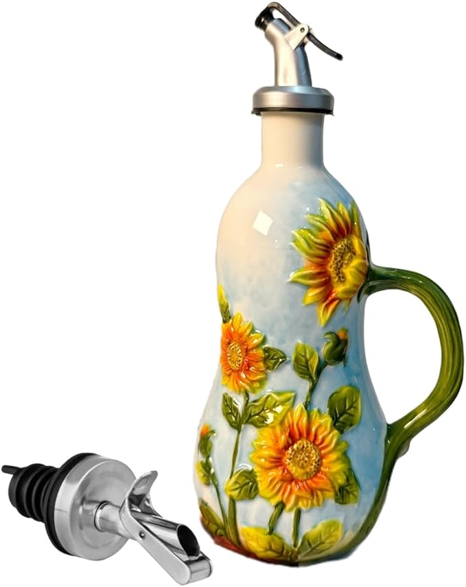 18.26oz/540ml Ceramics Olive Oil Dispenser Bottle,Hand Painted Reliefs Oil Dispenser for Kitchen,Oil Bottles for Kitchen (Sunflower)-HomvellaHome