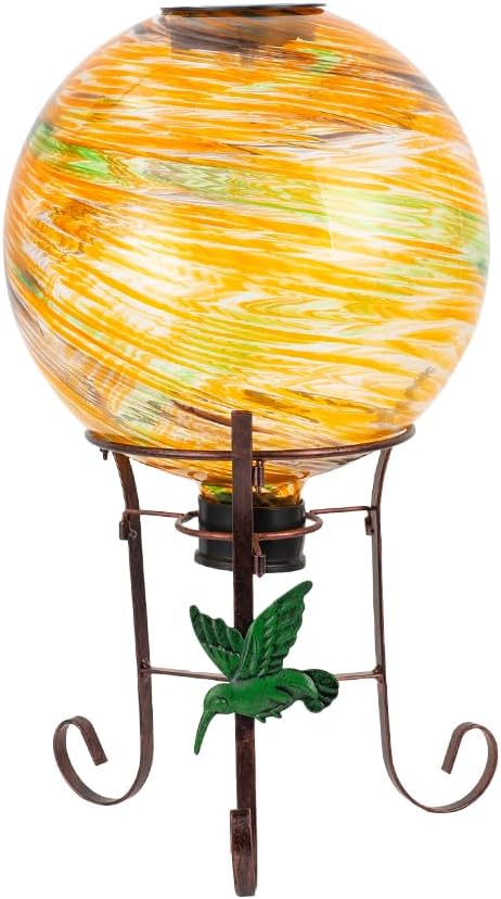 10" Diameter Solar Gazing Ball and 8.5" Metal Stand Indoor Outdoor Garden Ornament Glass Globe Sphere Yard Art Gazing Globe for Garden,Home,Lawn,Porch,Patio Birthday Gift for Women(Orange)-HomvellaHome