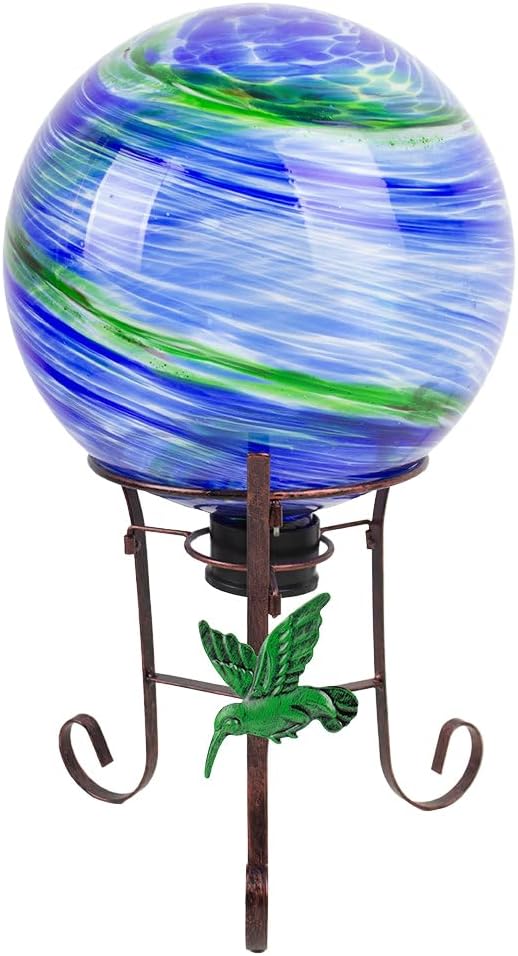 10" Diameter Gazing Ball with 8.5" Hummingbird Metal Stand Outdoor Garden Decor,Glass Globe Sphere Yard Art Decorations Outdoor,Glass Gazing Balls for Garden,Home,Lawn,Patio,Porch(Blue)-HomvellaHome