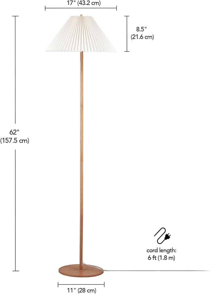 GLOBE Electric 61000053 62" Floor Lamp, Wood-Toned Finish, Pleated Fabric Shade, Pull Chain Switch, Reading Light, E26 Base, Modern Classic Lighting for Living Rooms and Bedrooms-HomvellaHome