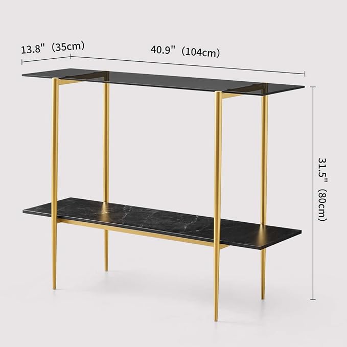 Glass Console Table for Living Room, Foyer & Entrance, 2-Tiers Mid-Century Modern Sofa Table with Grey Glass Top, Black Marble Finish Wood Shelf and Gold Finish Frame-HomvellaHome