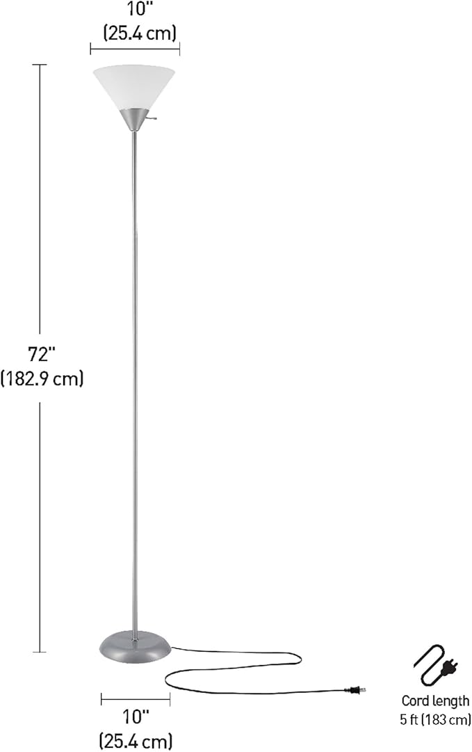 GLOBE Electric 677150 Elliott 72" Floor Lamp, Silver, White Plastic Shade, On/Off Rotary Switch on Shade, Standing, Living Room Decor, Bedroom, Tall, Corner Light-HomvellaHome