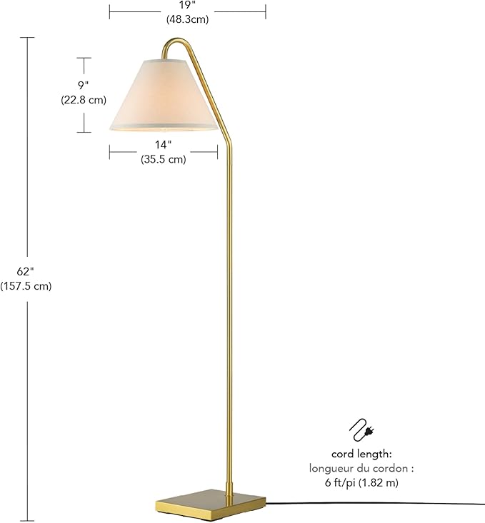 GLOBE Electric 61000147 62" Floor Lamp, Matte Brass, Beige Fabric Shade, On/Off Rotary Switch on Socket, 6-Foot Clear Cord, Reading Light, Bedroom, Living Room, Home Decor-HomvellaHome