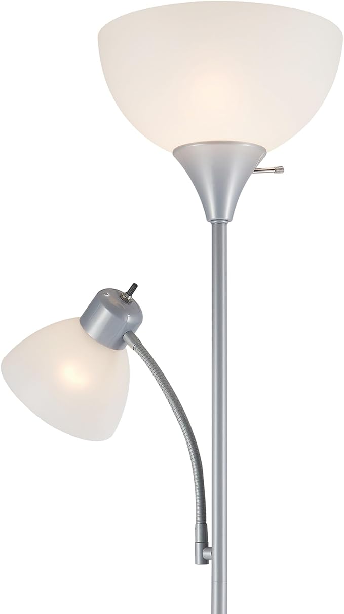 GLOBE Electric 67134 72" Torchiere Floor Lamp and Adjustable Reading Light, Silver, Frosted Shade, Dual Rotary Switch, 3-Step Dimming, Modern Lighting for Living Room or Office, Timeless-HomvellaHome