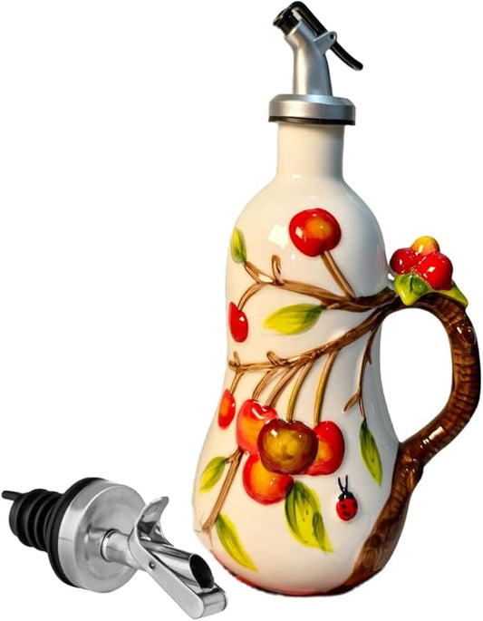 18.26oz/540ml Ceramics Olive Oil Dispenser Bottle,Hand Painted Reliefs Oil Dispenser for Kitchen,Oil Bottles for Kitchen (Cherry)-HomvellaHome