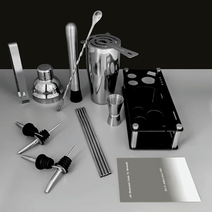 14-Piece Cocktail Shaker Set Bartender Kit with Black Stand, Bar Tool Set for Drink Mixing Bartending Kit Bar Sets Accessories: 750ml(25oz) Shaker, Jigger, Muddler, Cocktail Recipes (Silver)-HomvellaHome