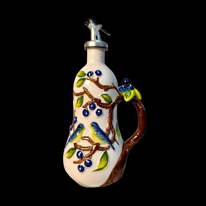 18 Oz Hand Painted Relief Ceramic Olive Oil Bottle Dispenser for Kitchen, Oil and Vinegar Bottle, Seasoning Bottle with Stainless Steel Nozzle, 540mL Oil Container with Handle for Cooking, Light Proof-HomvellaHome