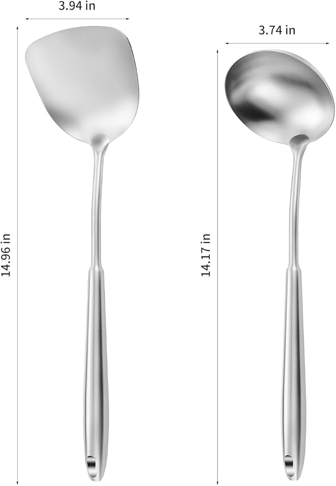 14-15" Wok Spatula and Ladle,2 PCS Wok Tools Set,304 Stainlss Steel Cooking Utensils,Matte Wok Accessories,Solid Wok Utensils-HomvellaHome