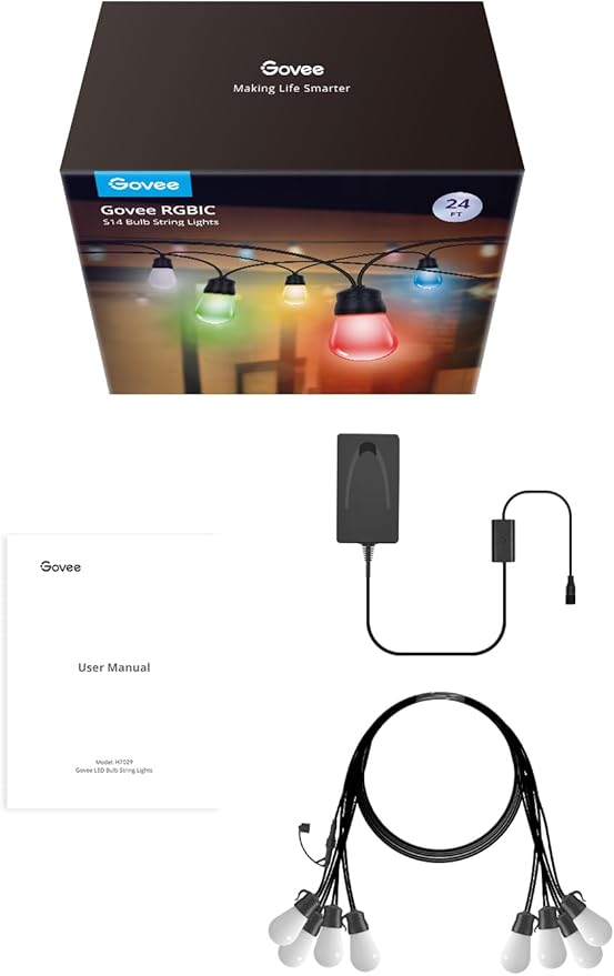 Govee Smart Outdoor String Lights H7029, 24ft RGBIC Outdoor Lights with 8 Dimmable LED Bulbs, IP65 Waterproof, Color Changing Warm White Lights with 47 Scene Modes for Patio, Backyard, App Control-HomvellaHome