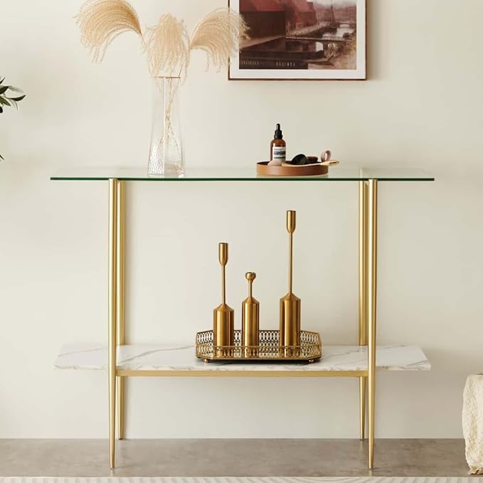 Glass Console Table for Living Room, Foyer & Entrance, 2-Tiers Mid-Century Modern Sofa Table with Clear Glass Top, White Marble Finish Wood Shelf and Gold Finish Frame-HomvellaHome