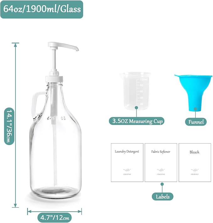 Glass Laundry Detergent Dispenser with Pump, 64OZ Liquid Laundry Soap Dispenser, Fabric Softener Dispenser Bottle for Laundry Room Organization and Storage, 1 Pack-HomvellaHome