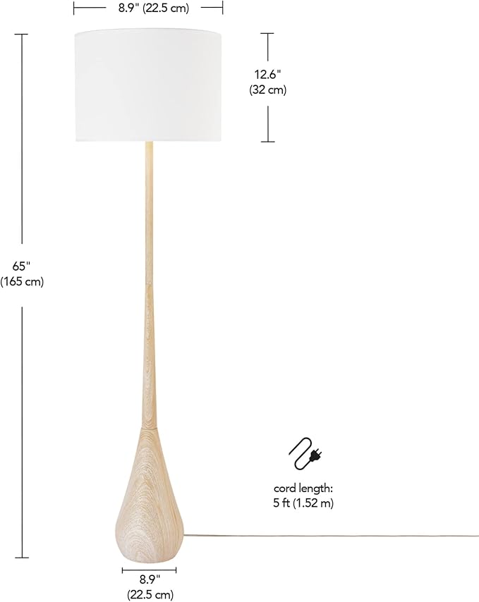 GLOBE Electric 52112 65" Floor Lamp, Faux Wood Finish, White Cotton Shade, Japandi Style, E26 Base, Modern Bedroom and Living Room Lighting-HomvellaHome