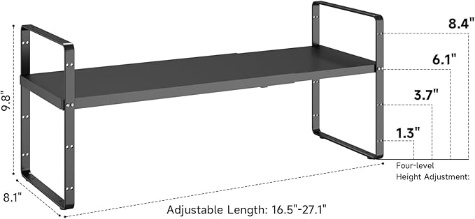 16.5~27.1" Expandable Shelf Organizer, 1Pack 8.1" Wide Stackable Cabinet Shelf Organizers, Black Metal Sturdy Kitchen Counter Storage for Countertop, Adjustable Height Spice Rack-HomvellaHome