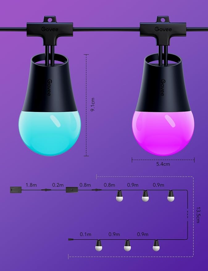 Govee Smart Outdoor String Lights 2, 48ft Outdoor Lights with Dimmable Warm White LED Bulbs, 47 Scene Modes for Patio, Backyard, Balcony, IP65 Waterproof, Works with Alexa, App Control-HomvellaHome