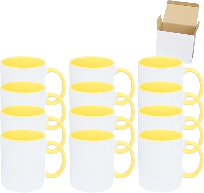 11oz White Ceramic Sublimation Coffee Mug in White Gift Box, Yellow, Case of 12-HomvellaHome