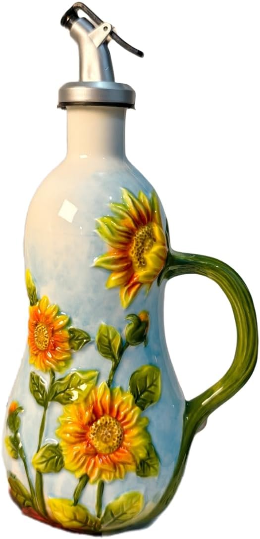 18 Oz Hand Painted Relief Ceramic Olive Oil Bottle Dispenser for Kitchen, Oil and Vinegar Bottle, Seasoning Bottle with Stainless Steel Nozzle, 540mL Oil Container with Handle for Cooking, Light Proof-HomvellaHome
