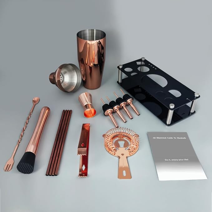 14-Piece Cocktail Shaker Set Bartender Kit with Black Stand, Bar Tool Set for Drink Mixing Bartending Kit Bar Sets Accessories: 750ml(25oz) Shaker, Jigger, Muddler, Cocktail Recipes (Rose Gold)-HomvellaHome