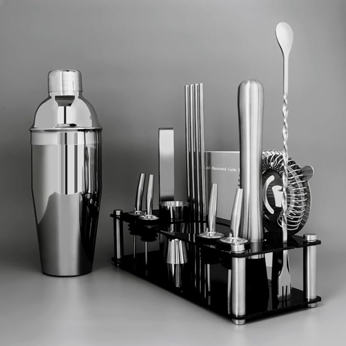 14-Piece Cocktail Shaker Set Bartender Kit with Black Stand, Bar Tool Set for Drink Mixing Bartending Kit Bar Sets Accessories: 750ml(25oz) Shaker, Jigger, Muddler, Cocktail Recipes (Silver)-HomvellaHome