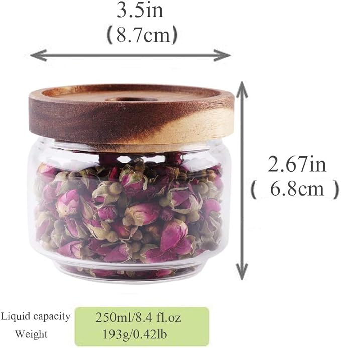 Glass Coffee Containers, 8.5 FL OZ/250 ml Kitchen Serving Food Storage Canister with Sealed Wooden Lid, BPA-Free Clear Glass Jar for Tea Leaves, Powder, Spice(3.06 inch)-HomvellaHome