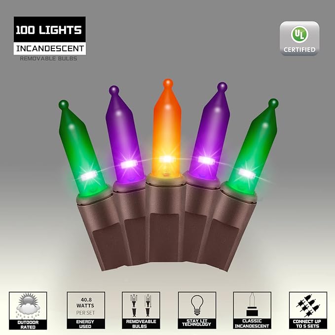 100LIGHTS Orange Purple and Green Extra-Bright with End Connectors Halloween Decorative Lights 5.98m UL Certified Mini String Light Set Waterproof for Halloween Home Garden Tree Party Patio-HomvellaHome