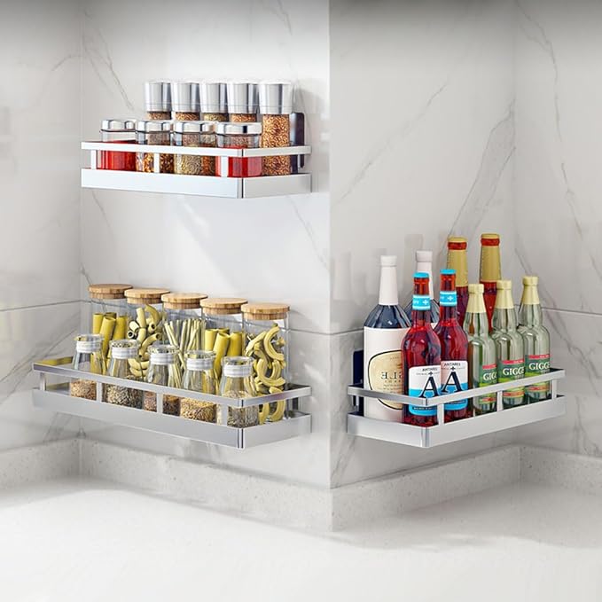 19.69Inch Spice Rack Organizer, SUS304 Stainless Steel Wall Mount Spice Rack Storage Basket, Kitchen Racks, Nail-Free Installation-HomvellaHome