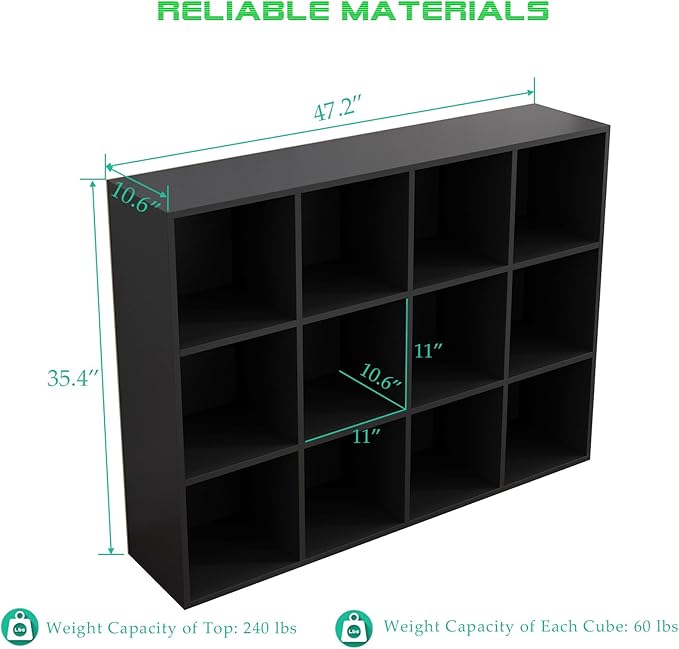 12-Cube Storage Shelf Bookcase - Wooden 3-Tier Floor Standing Open Bookshelf for Home and Office, Display Cabinet, Black-HomvellaHome