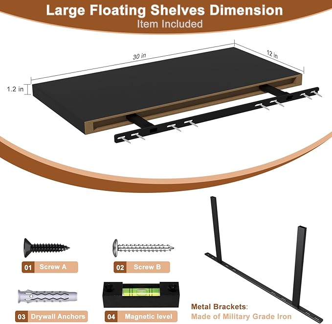 12 Inch Deep Floating Shelves for Wall 2 Pack Floating Shelves Large Storage Space Wall Mount Shelf for Living Room Kitchen Bathroom 30" W x 12" D x 1.2" H Black-HomvellaHome