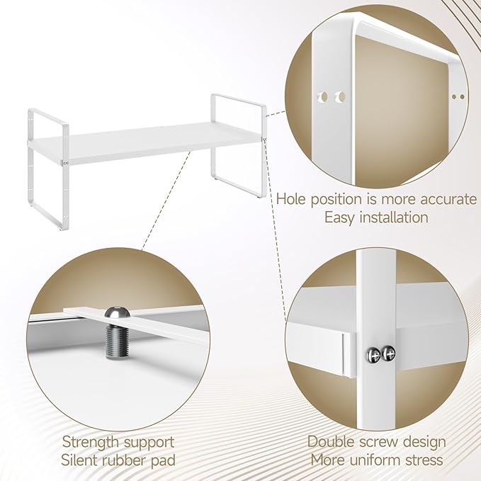 16.5~27.1" Expandable Shelf Organizer, 2Pack 10.2" Wide Stackable Cabinet Shelf Organizers, White Metal Sturdy Kitchen Counter Storage for Countertop, Adjustable Height Spice Rack-HomvellaHome