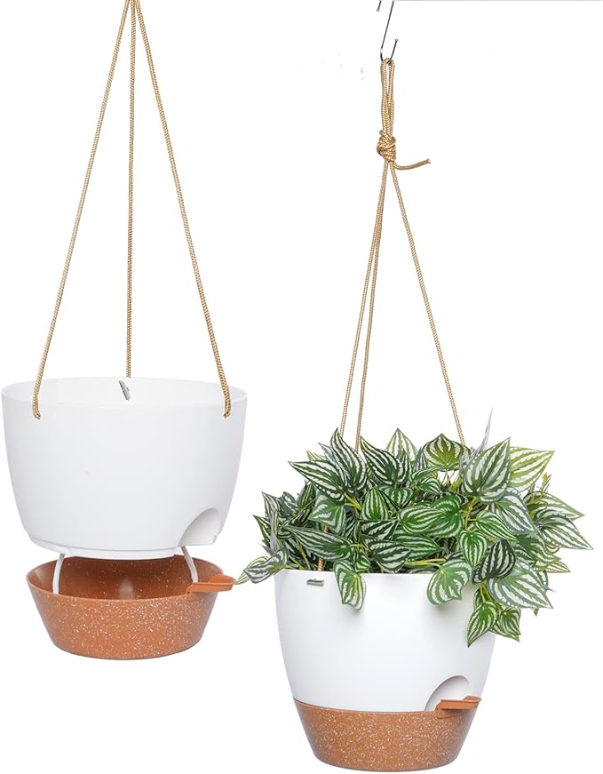 10 Inch Self Watering Hanging Pots, 2 Pack Hanging Planters with 40oZ Deep Reservior for Indoor Outdoor Plants Flowers, White with Brown-HomvellaHome