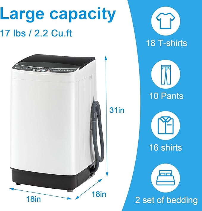 17Lbs Portable Washing Machine with10 Washing Programs, 2.2 Cu. Ft. Full Automatic Washer and Spinner Combo, Compact Laundry Washer Spinner for Apartment RV Dorm (2.2Cu. Ft)-HomvellaHome