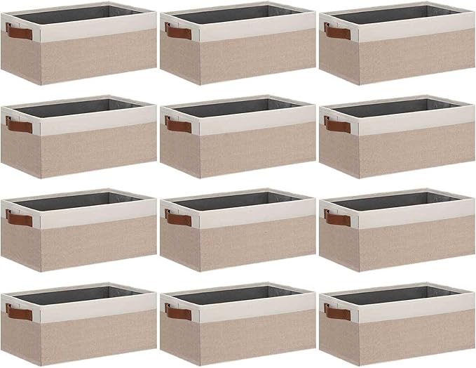 GhvyenntteS Small Fabric Storage Bins 12 Pack, 11.8" x 7.87" x 5.11" Storage Basket with Leather Handles, Closet Storage Bins for Shelves, Storage Baskets for Shelves, DVD Storage (Pink/White)-HomvellaHome