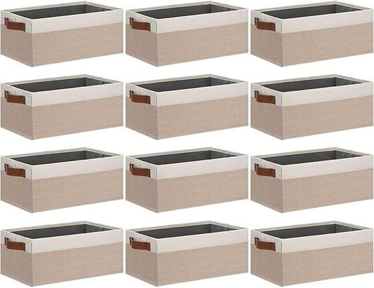 GhvyenntteS Small Fabric Storage Bins 12 Pack, 11.8" x 7.87" x 5.11" Storage Basket with Leather Handles, Closet Storage Bins for Shelves, Storage Baskets for Shelves, DVD Storage (Pink/White)-HomvellaHome