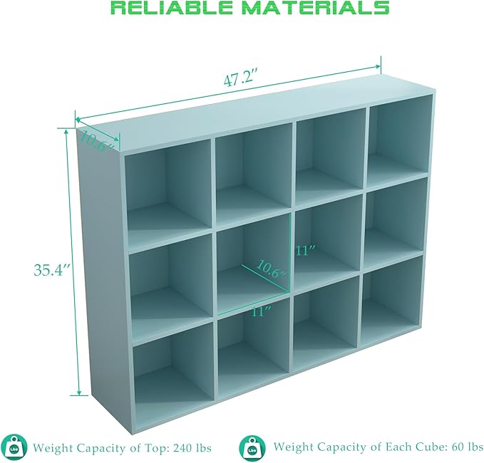 12-Cube Storage Shelf Bookcase - Wooden 3-Tier Floor Standing Open Bookshelf for Home and Office, Display Cabinet, Light Blue-HomvellaHome